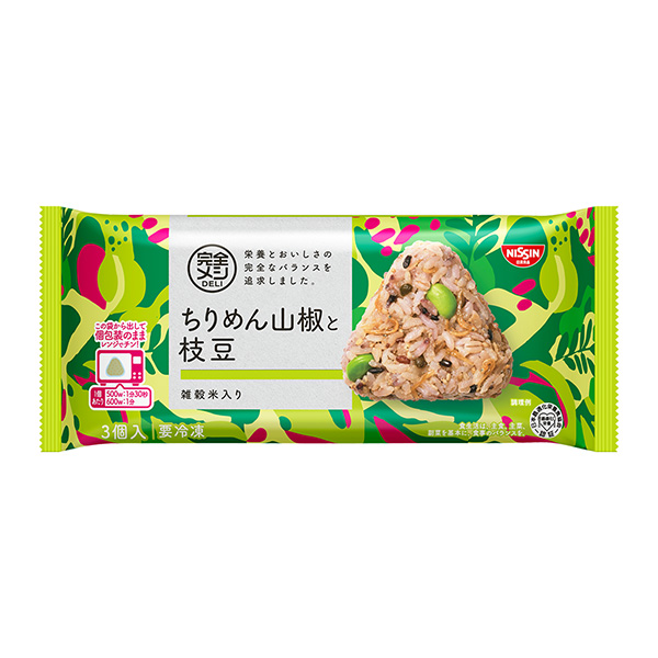 包裝設計欣賞冷凍完全飯DELI ＜縐綢花椒和毛豆＞飯團(日清食品) (圖1)